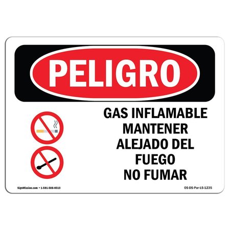 SIGNMISSION OSHA Danger, Flammable Gas Keep Fire Or Spanish, 18in X 12in Rigid Plastic, OS-DS-P-1218-LS-1235 OS-DS-P-1218-LS-1235